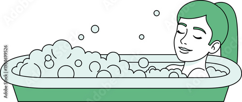 A serene woman relaxing in a green bathtub filled with bubbles on transparent background