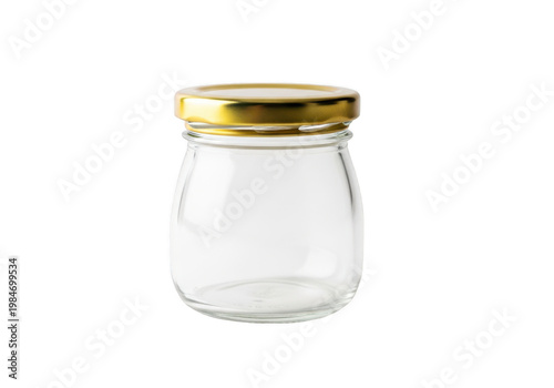 Small empty glass jar with gold lid isolated on transparent background