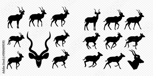 Set of various antelope and gazelle silhouettes, including heads and full body poses, isolated on a transparent background.