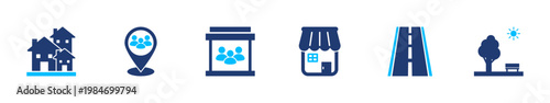 Local community icon set. neighborhood, people, social, connection, place. solid style icon collection.