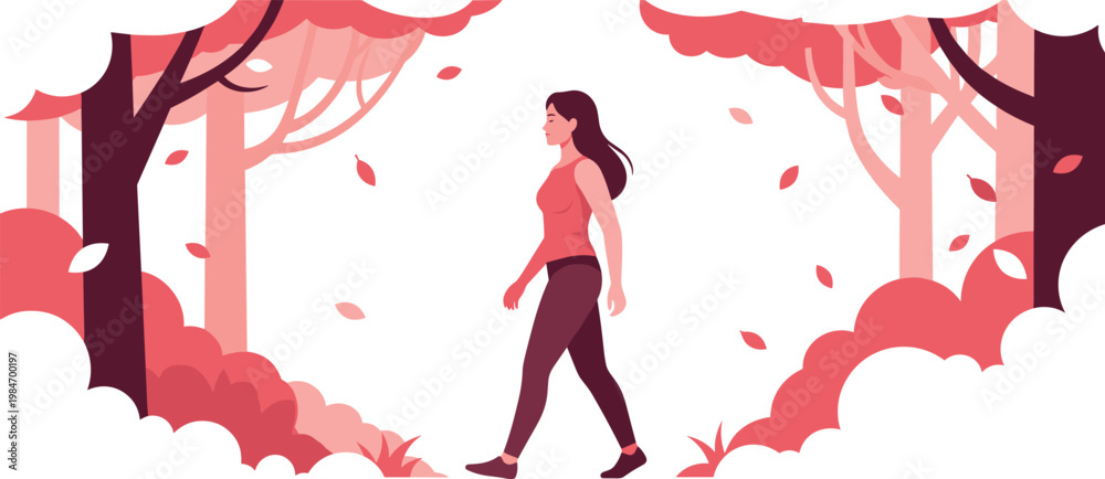 Fototapeta premium A woman walking in a peaceful forest with trees and autumn leaves on transparent background