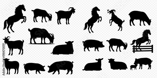 Collection of various farm animal silhouettes including horses, goats, sheep, and pigs in different poses.