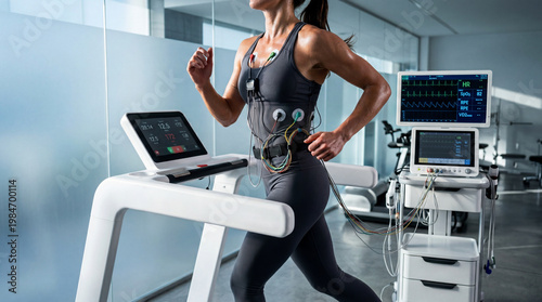 Woman performing an exercise stress test for cardiac health and performance analysis, connected to medical monitoring equipment
