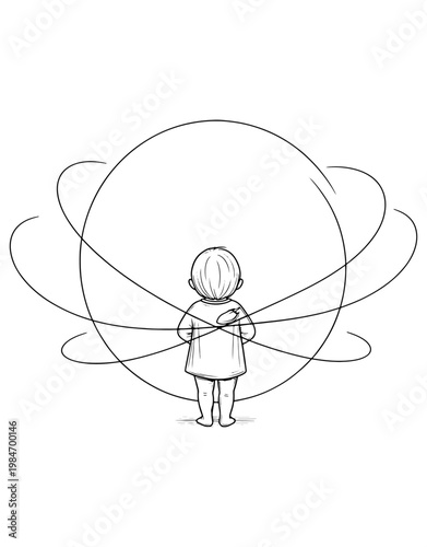 A child gazing at a mysterious cosmic orb with swirling energy lines around it



