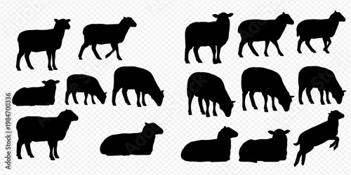 Collection of various sheep silhouettes in different poses, including standing, grazing, and jumping, ideal for farm animal designs.