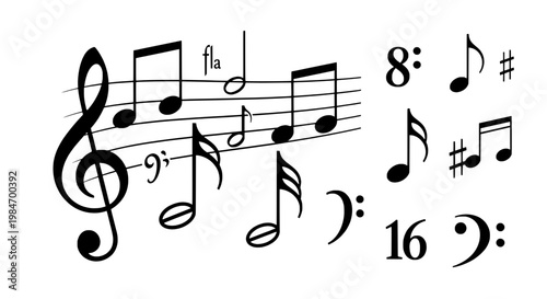 Notes musical with staff lines and black eighth notes, treble clef symbol featuring music symbols, note values, rhythm with melody and harmony