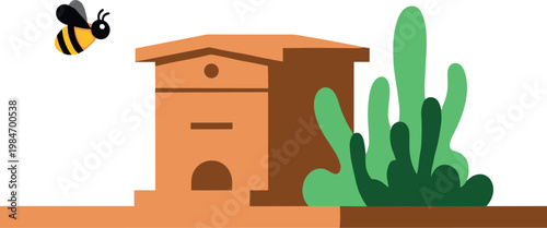 A cartoon bee flying near a beehive on transparent background