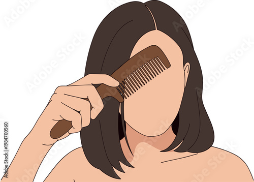 A woman with brown hair brushing her locks on transparent background