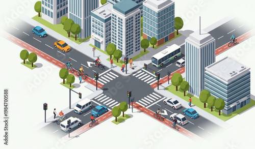 Modern City Traffic and Cyclists Urban Lifestyle Flat Vector Illustration