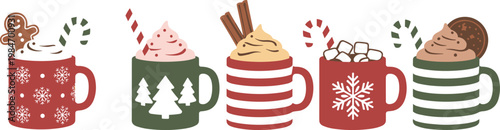 Christmas hot chocolate mug collection with gingerbread man whipped cream marshmallows candy canes and festive winter patterns for holiday season designs.