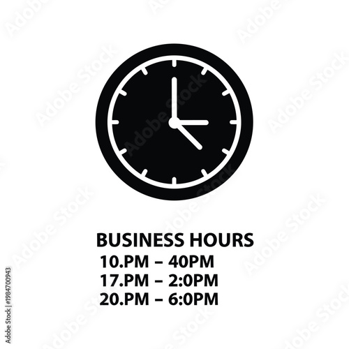 Business hours clock face with text showing time intervals of operation simple vector graphic.