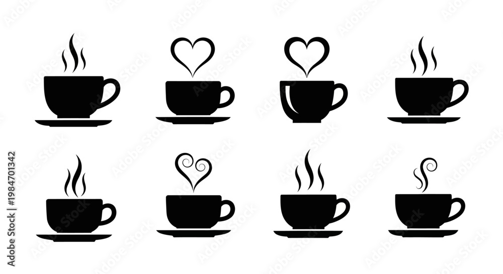Obraz premium Eight uniform black coffee cups on saucers displaying various forms of rising steam for hot beverage service graphics