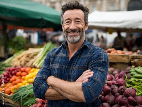 Mature man selling organic vegetables at a colorful market stand,A friendly mature man showcasing fresh organic vegetables at a vibrant outdoor market stand during daytime