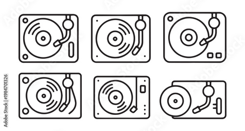 Vinyl record turntable icon set music player and audio playback symbols in line art vector illustration collection