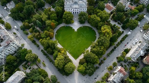 Aerial View of Heart-Shaped Green Lawn in City Park on Sunny Day