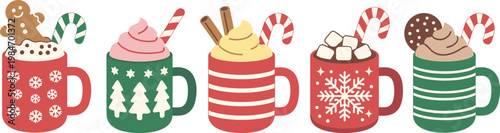 Christmas hot chocolate mug collection with gingerbread man whipped cream marshmallows candy canes and festive winter patterns for holiday season designs.