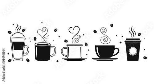 Coffee cups black and white icons collection with steaming beverages and coffee beans vector illustration isolated on white background