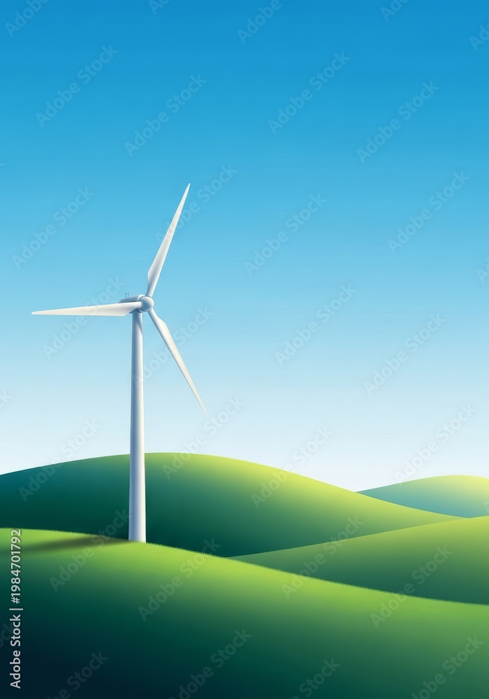Fototapeta premium White wind turbines stand across rolling green hills under a clear blue sky, generating sustainable renewable energy in a rural landscape, farm, generator, vast