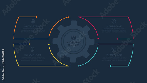 Visual Strategy concept for infographic with 4 steps, options, parts or processes. Template for web on a black background.