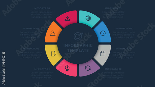 Visual Strategy concept for infographic with 8 steps, options, parts or processes. Template for web on a black background.