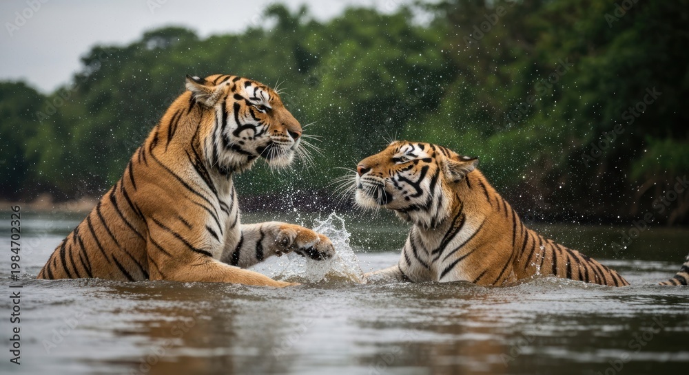 Fototapeta premium Two tigers splashing and playing in a river, with lush green foliage in the background