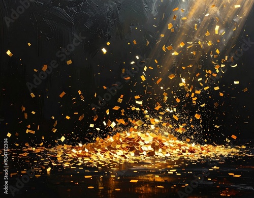 Gold Confetti Falling On Black Background For Celebration, Party And Luxury Events