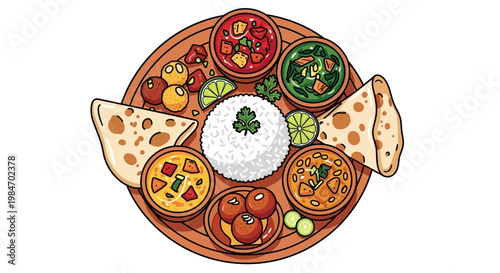 Traditional Indian Thali Set on Wooden Tray Vector Illustration, Rice with Various Curries, Naan Bread, and Authentic Asian Sweets.