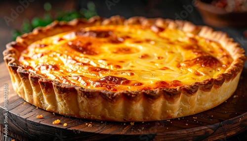 Golden custard pie with crimped crust sits on wooden board, dark background