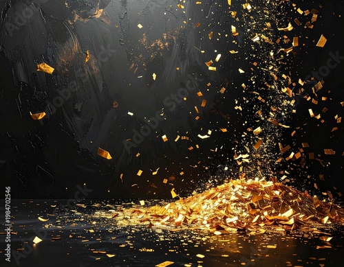 Gold Confetti Falling On Black Background For Celebration, Party And Luxury Events