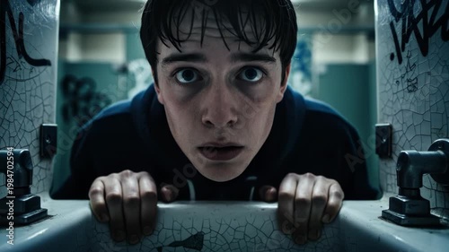 Teenager peeking over a sink in a gritty bathroom