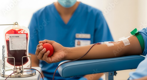 Blood donation process with donor holding squeeze ball and collection bag, healthcare support and lifesaving transfusion in medical clinic