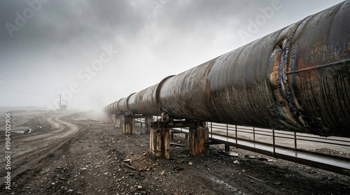 Long Industrial Pipeline Stretching Across Remote Landscape on Foggy Day