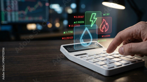 Investor analyzing energy market trends with glowing digital commodity holograms