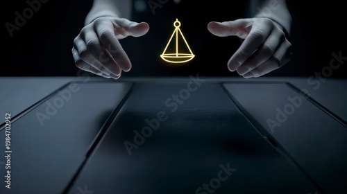 Hands hover over a glowing scale symbolizing justice, balance, and fairness in a dark, modern, and minimalistic setting.