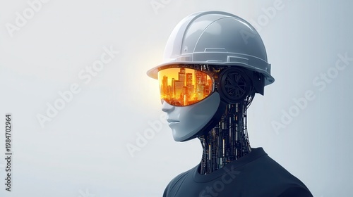 A futuristic robot wearing a white construction helmet and reflective orange glasses displaying a cityscape.