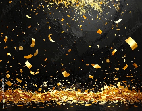 Gold Confetti Falling On Black Background For Celebration, Party And Luxury Events