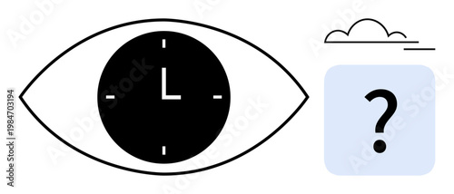 Time management, decision-making, uncertainty, future planning, perception, problem solving. Eye with clock inside, question mark block small cloud. Time management and decision-making concept
