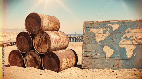 Rusty Oil Barrels with Danger Sign on Beach Environmental Pollution Concept Map