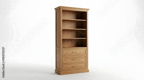 A tall wooden cabinet with shelves and drawers standing alone against a white background