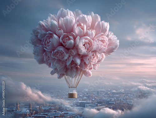 A large cluster of soft pink peonies forms the shape of a hot air balloon, with a woven wicker basket hanging below, floating above a dreamy cityscape of spired buildings and fluffy pink clouds