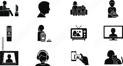Collection of black glyph icons related to television watching media consumption entertainment