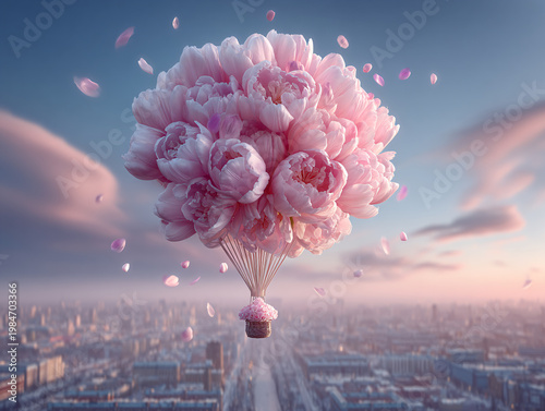A large cluster of soft pink peonies forms the shape of a hot air balloon, with a woven wicker basket hanging below, floating above a dreamy cityscape of spired buildings and fluffy pink clouds