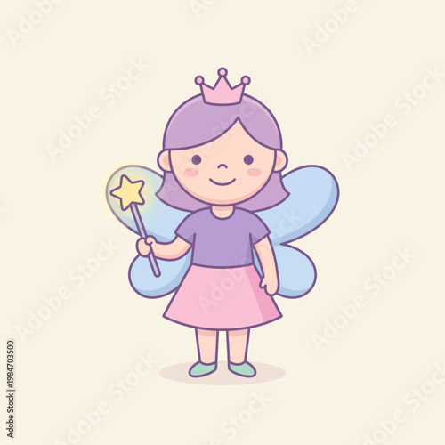 Cute Fairy Princess Cartoon Character Magic Wand Fantasy Vector Illustration