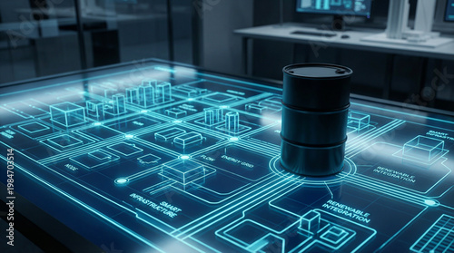 Standard oil barrel placed on futuristic glowing digital infrastructure diagram