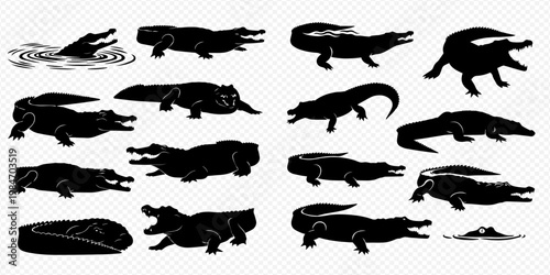 Collection of various alligator and crocodile silhouettes in different poses and actions, showcasing reptilian forms.