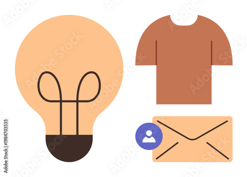 Creativity, fashion, communication, branding, innovation, messaging. ion of a light bulb, t-shirt and envelope with a user icon. Creativity and communication concept for branding and messaging