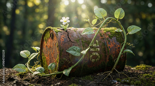 Old Rusty Oil Barrel Overgrown with Green Plants in a Dense Sunlit Forest