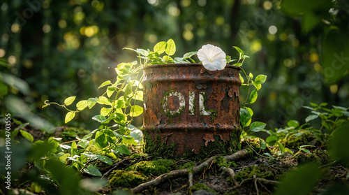 Rusty oil barrel overgrown with green vines and white flower in lush forest