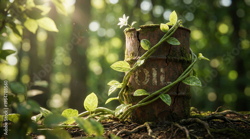 Rusty Oil Drum Covered in Green Vines and Moss Amidst a Sunlit Woodland