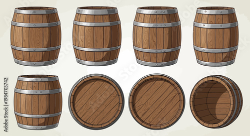 Wooden Barrels Set Vintage Cask Containers Brewery Storage Vector Illustration